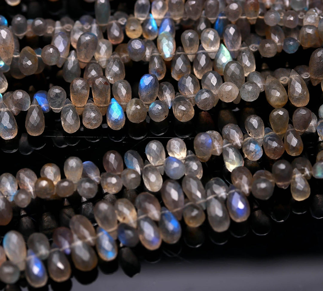 Faceted Labradorite Teardrop Beads: Natural Gemstone Strand, 4X7-5X9mm