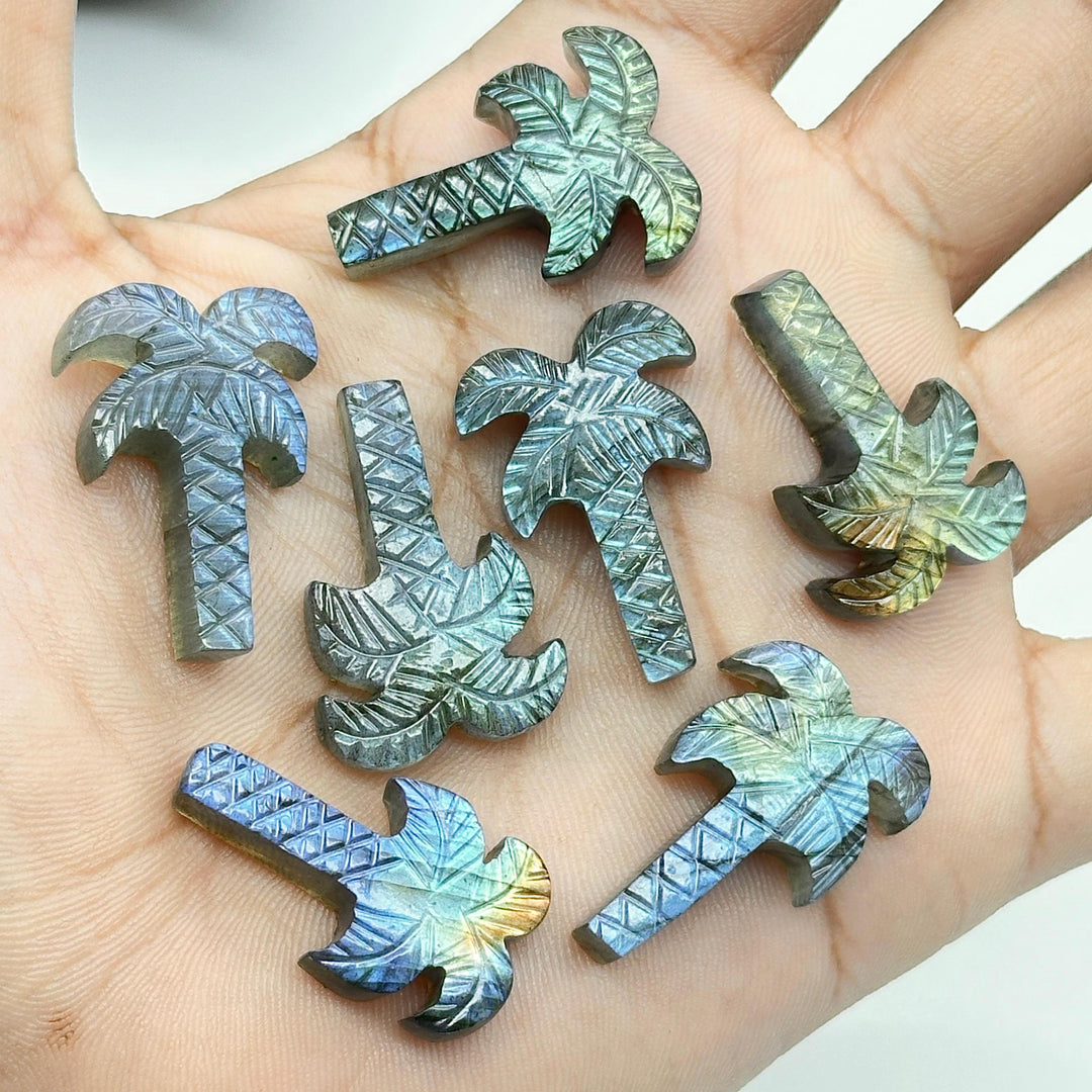 Labradorite Palm Tree Shape Gemstone, Hand Carved Tree Shape Stone, Unique Tree Carving for Jewelry Making, Flashy Labradorite, 28 MM