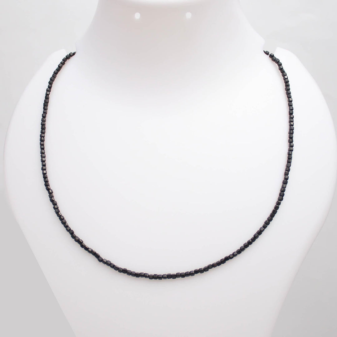 Black Spinel Beaded Necklace, Natural Spinel Faceted Box Beads Necklace, Evil Eye Protection Beads Jewelry, Gift For Her 3 MM