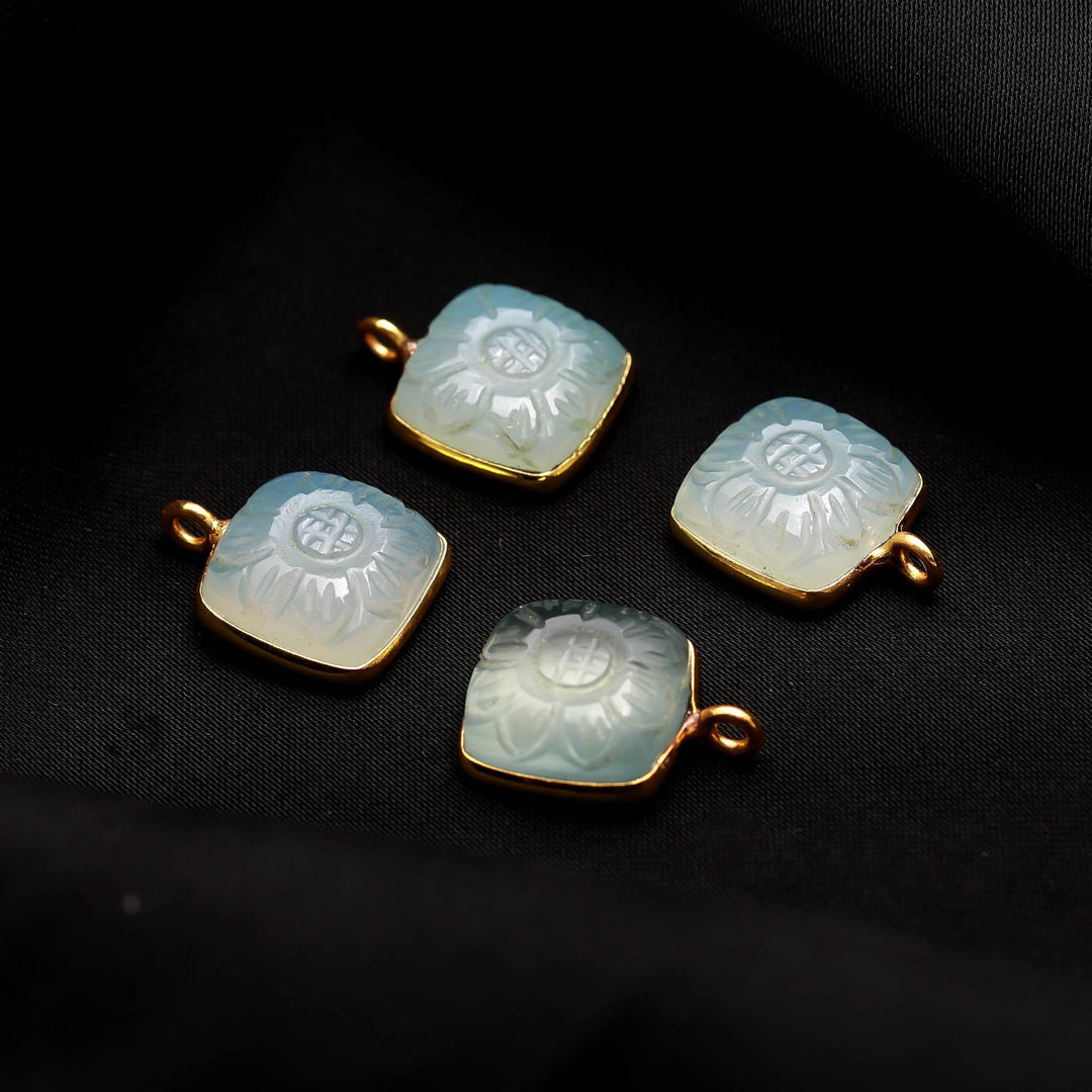 Aqua Chalcedony Flower Pendant 17mm, 925 Sterling Silver Gold Plated Square Shape Charm Pendant For Making Jewelry