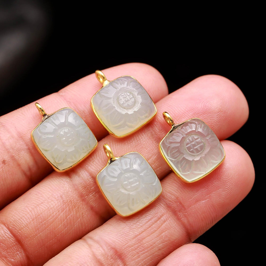Aqua Chalcedony Flower Pendant 17mm, 925 Sterling Silver Gold Plated Square Shape Charm Pendant For Making Jewelry