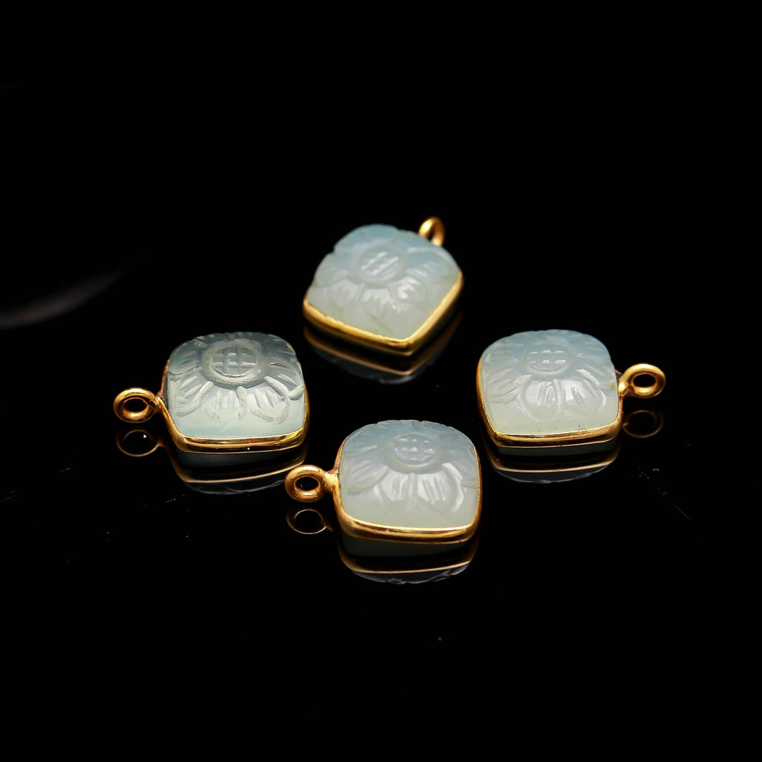 Aqua Chalcedony Flower Pendant 17mm, 925 Sterling Silver Gold Plated Square Shape Charm Pendant For Making Jewelry