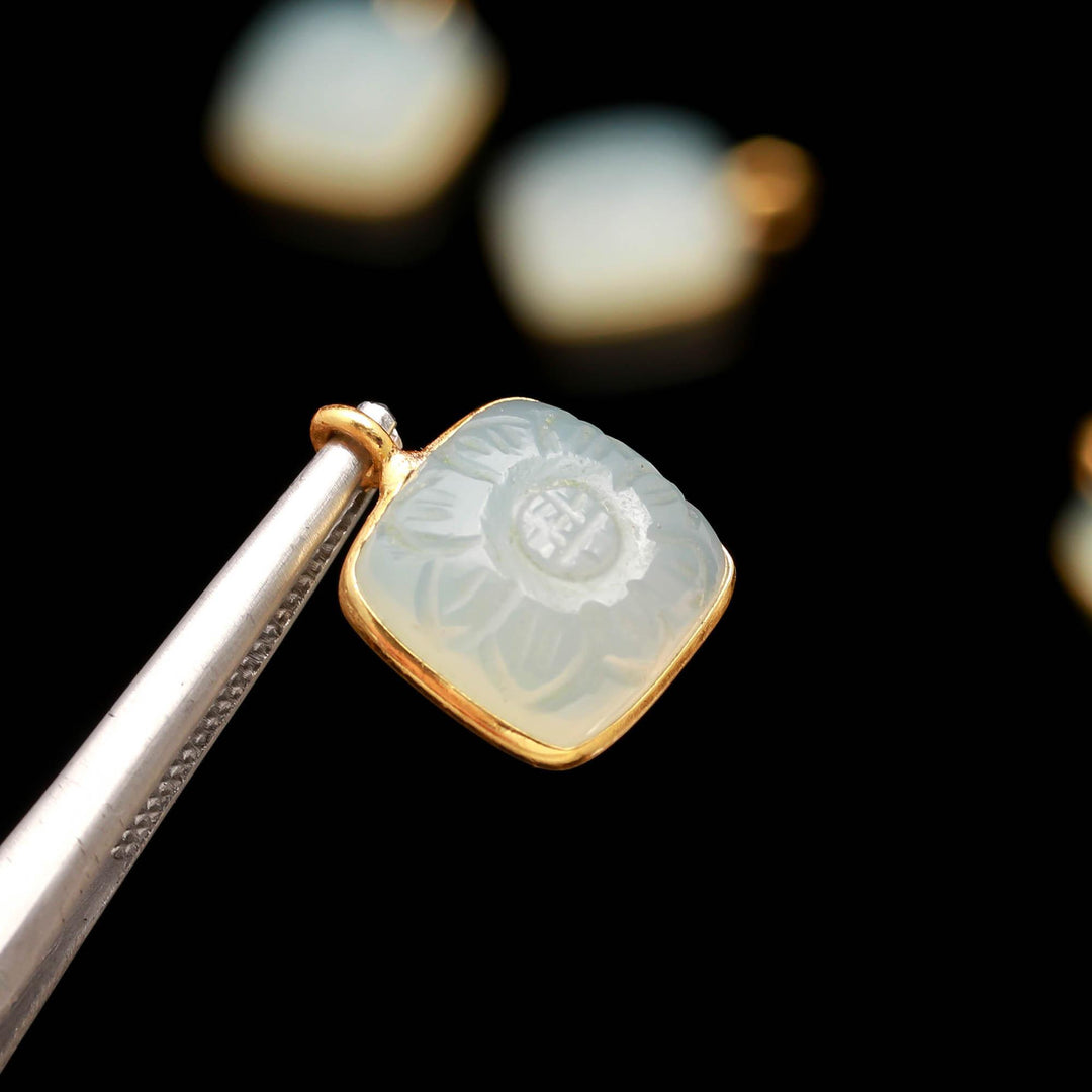 Aqua Chalcedony Flower Pendant 17mm, 925 Sterling Silver Gold Plated Square Shape Charm Pendant For Making Jewelry