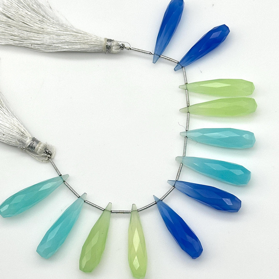 Matched Pairs - Blue, Green & Aqua Chalcedony Long Drop Shape Briolette's, Faceted Teardrop Beads, 7X30 mm Drops Beads For Earring Making