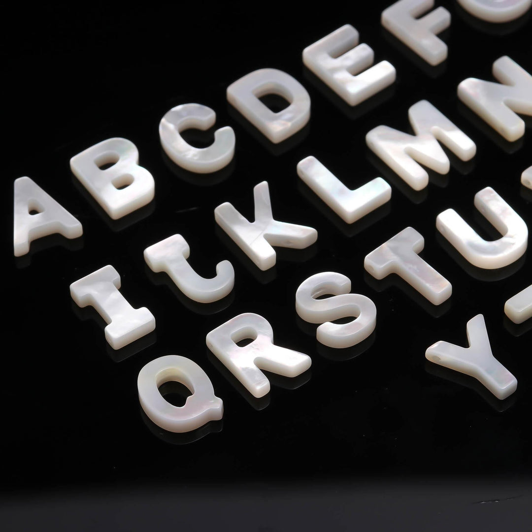 AAA Mother Of Pearl Alphabet Beads, A to Z 26 Pcs, Top Side Hole Drill Smooth Luster Pearl Gemstones, Mop Shell Letter for Jewelry, 10 MM