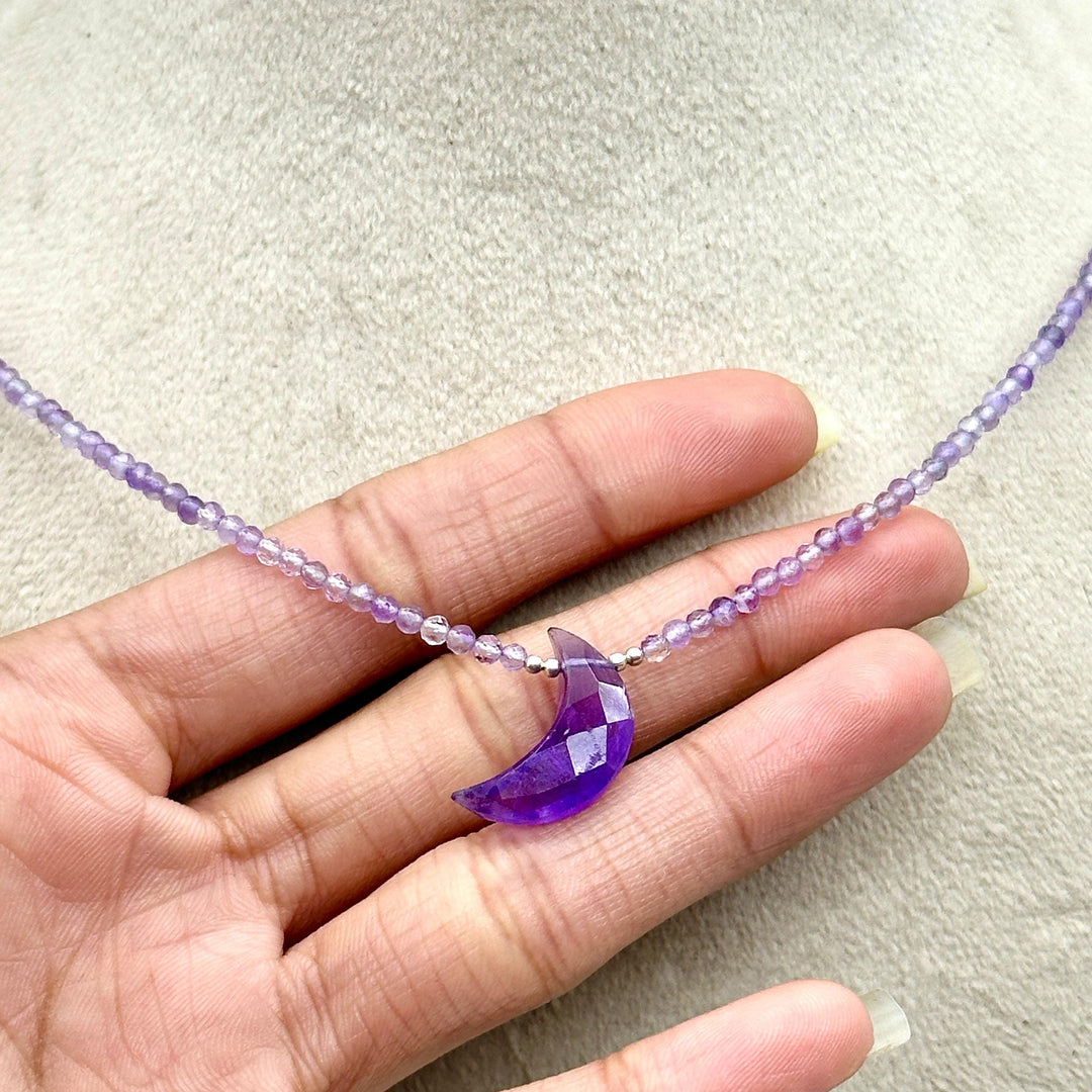 Natural Amethyst Beaded Necklace, Hand Carved Moon Charm Necklace, Cresent Moon Healing Power Necklace, Gift for Her, February Birthstone
