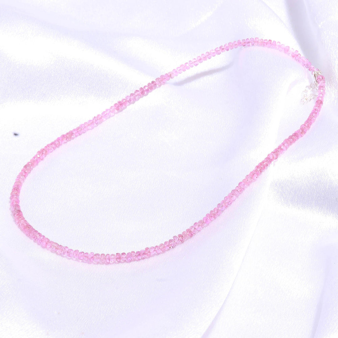 Top Quality Pink Tourmaline Beaded Necklace, Faceted Rondelle Gemstone Jewelry, 3-4 MM Beads, 15 Inch with 925 Sterling Silver