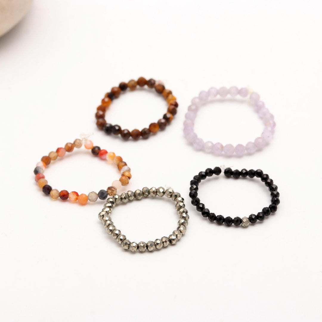 Beaded Stackable Gemstone Rings, Stretchable 2 MM Round Faceted Beads Rings, Elastic Handmade Rings for Women, Promise Ring for Her