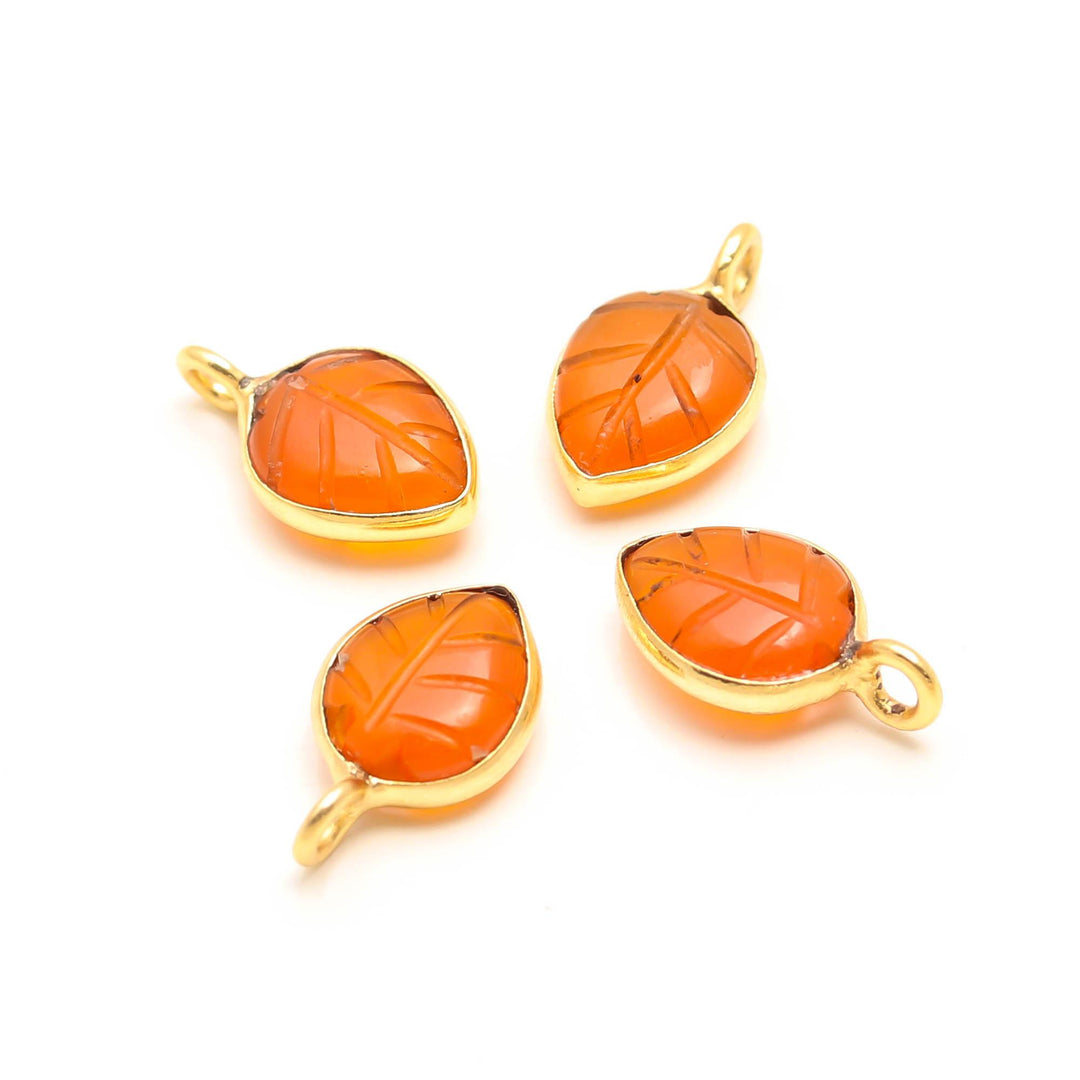 Natural Carnelian Leaf Shape Pendant 15mm, 925 Sterling Silver Gold Plated , Orange Quartz charms For DIY Jewelry