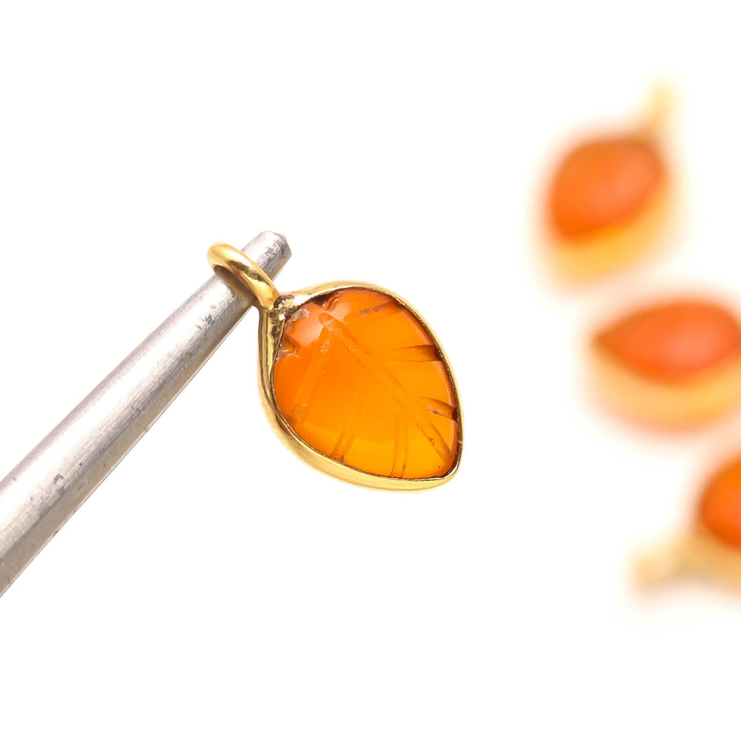 Natural Carnelian Leaf Shape Pendant 15mm, 925 Sterling Silver Gold Plated , Orange Quartz charms For DIY Jewelry