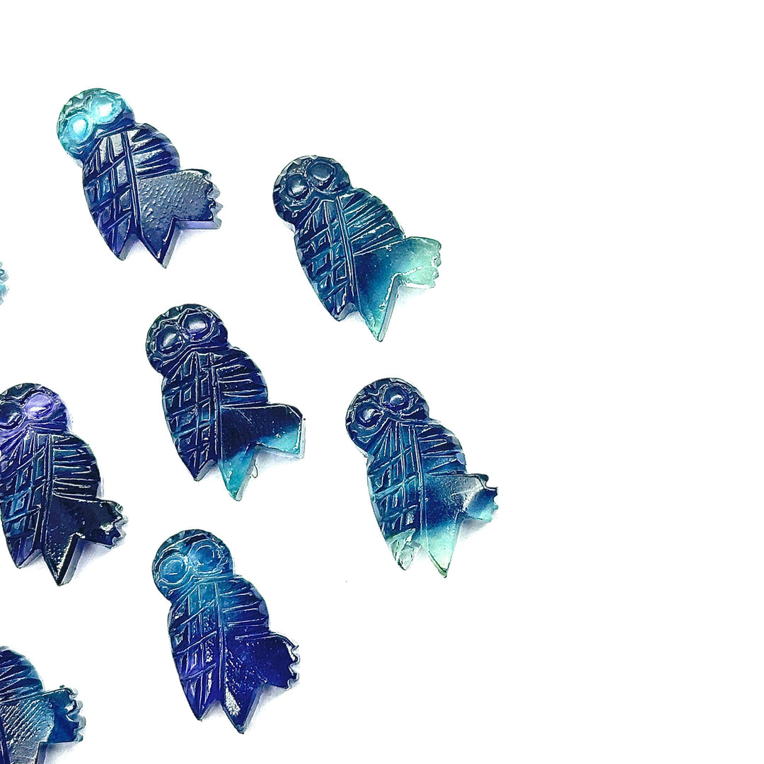Carved Multi Fluorite Owl Shape Gemstones, Hand Carved Owl Shape Gemstone, Natural Fluorite Owl Shape Charms, 20 MM Bird Charm Carvings
