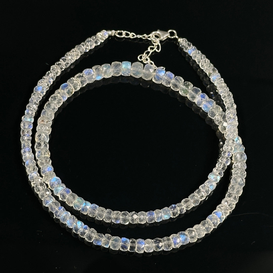 High Quality Rainbow Moonstone Beaded Necklace, Flashy Faceted Rondelle Beads Necklace, 4-6 MM Blue Fire Rainbow Gemstone Silver Necklace