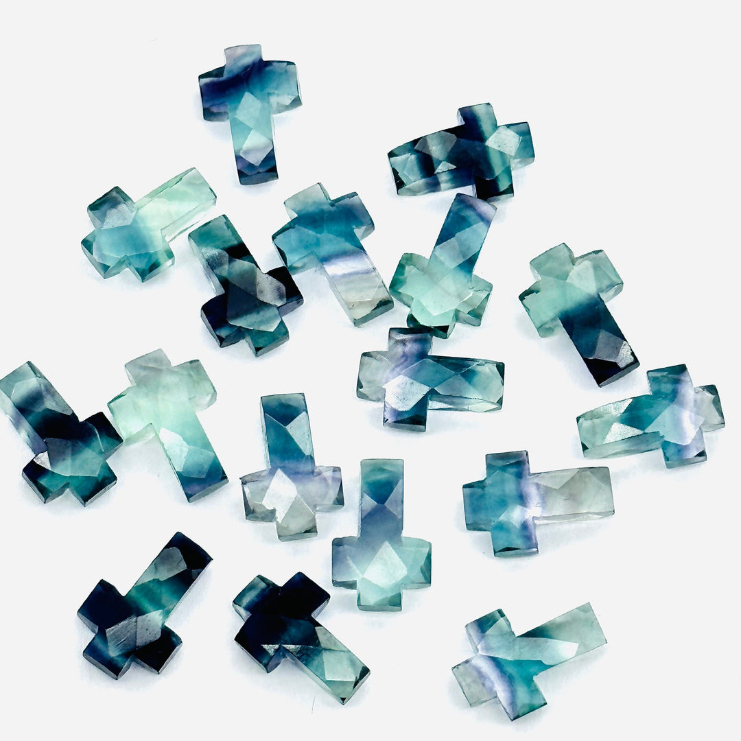 Multi Fluorite Cross Shape Beads ~ Healing & Protection Gemstone Beads ~ Faceted Multi Fluorite Beads ~ 15 MM Fluorite Cross Charm Beads