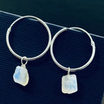 Load image into Gallery viewer, Flashy Rainbow Moonstone Hoop Earings, Natural Rough Rainbow Moonstone Earrings, Raw Gemstone Earrings, Large Hoop Earrings For Gift