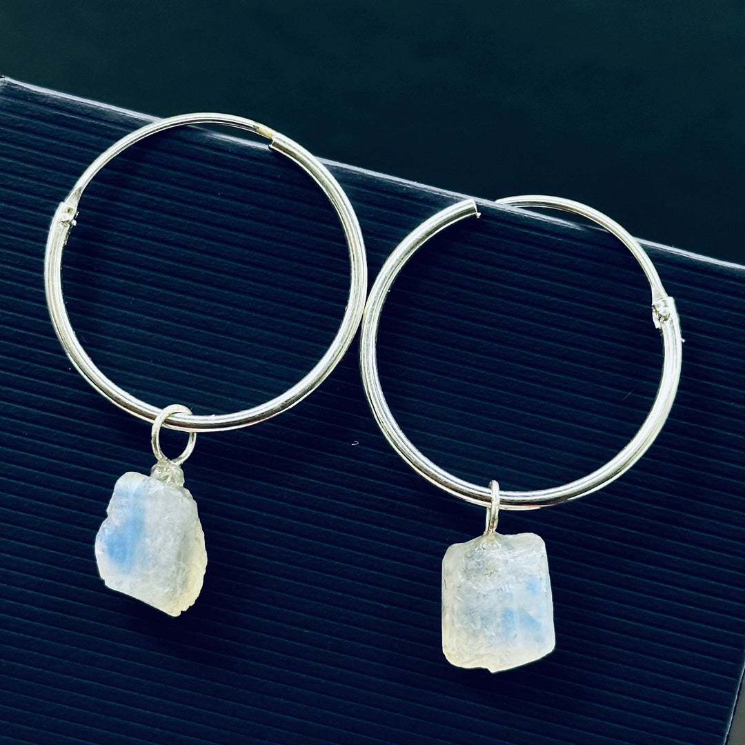 Flashy Rainbow Moonstone Hoop Earings, Natural Rough Rainbow Moonstone Earrings, Raw Gemstone Earrings, Large Hoop Earrings For Gift
