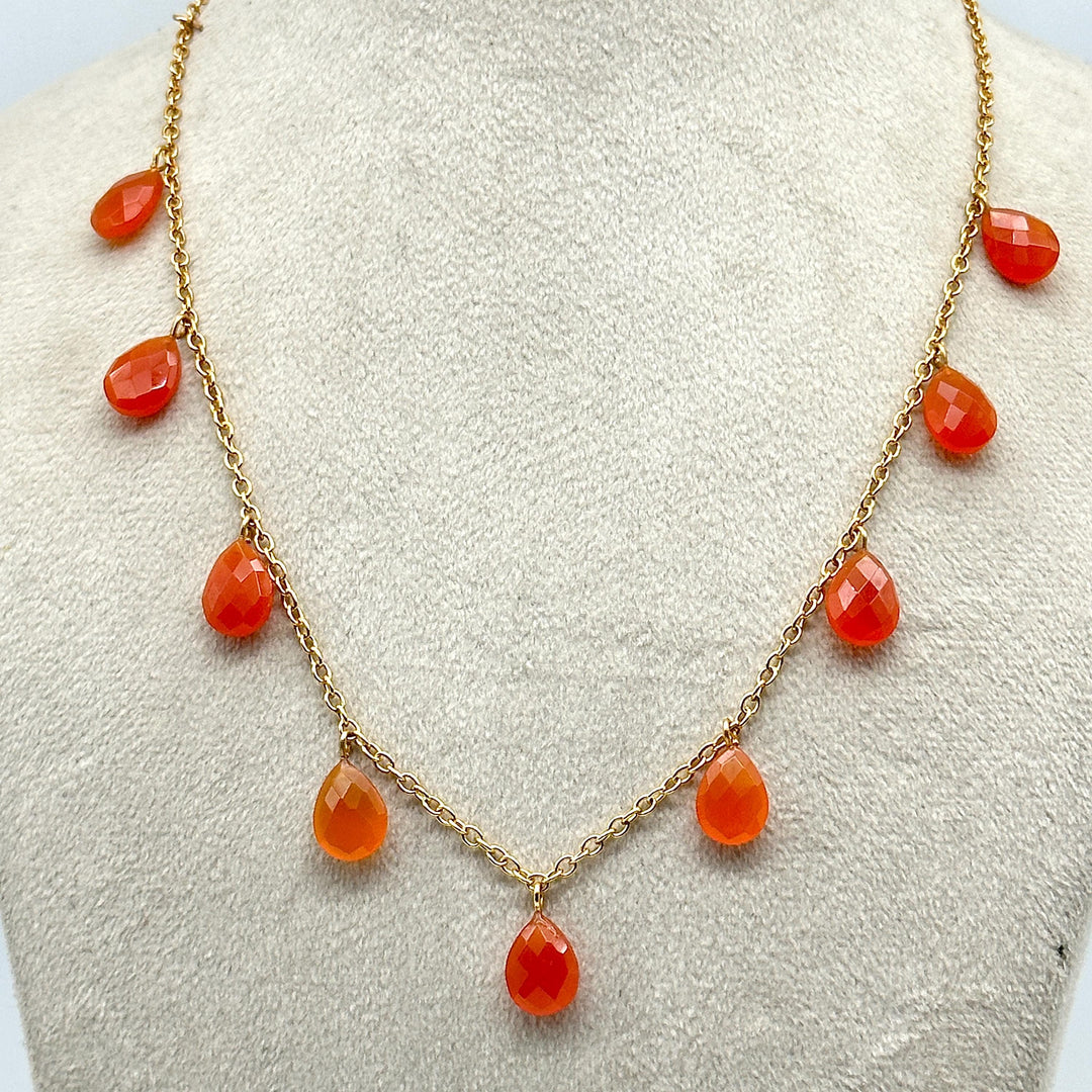 Natural Carnelian Pear Shape Beads Necklace, Tourmaline Drop Chain Necklace, Pear Gemstone Necklace, Faceted Pear Chain Necklace For Women's