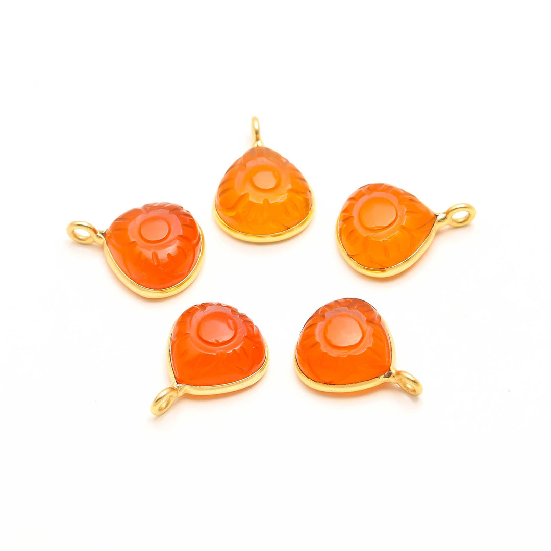Natural Carnelian Flower Pedant 17mm, 925 Sterling Silver Gold Pendant Orange Carnelian Heart Shape Charm Pendant For DIY Jewelry