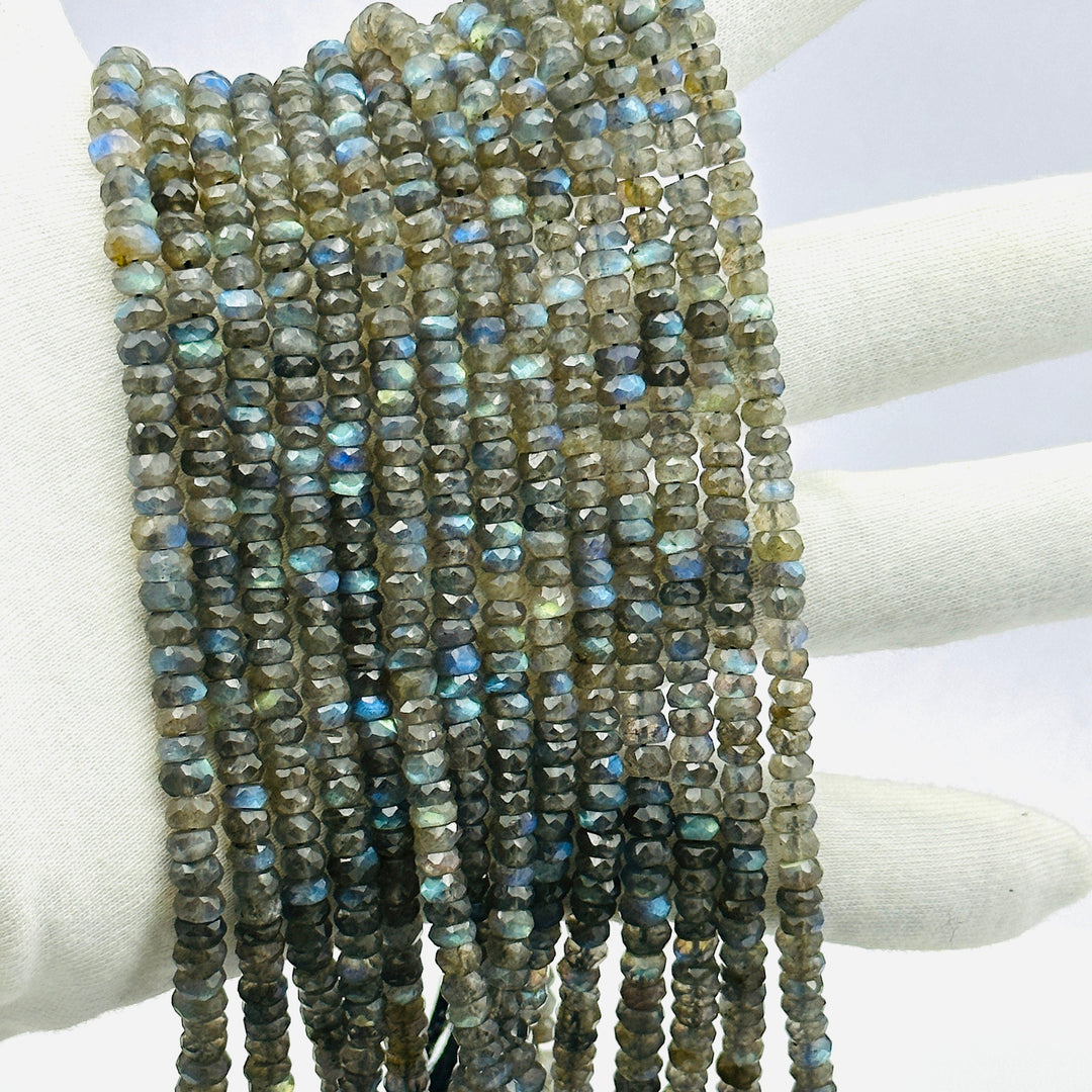 Flashy Labradorite Faceted Rondelle Beads, Natural Blue Fire Labradorite Beads, 4 mm MM Black Rainbow Beads, Wholesale Jewelry Making Beads