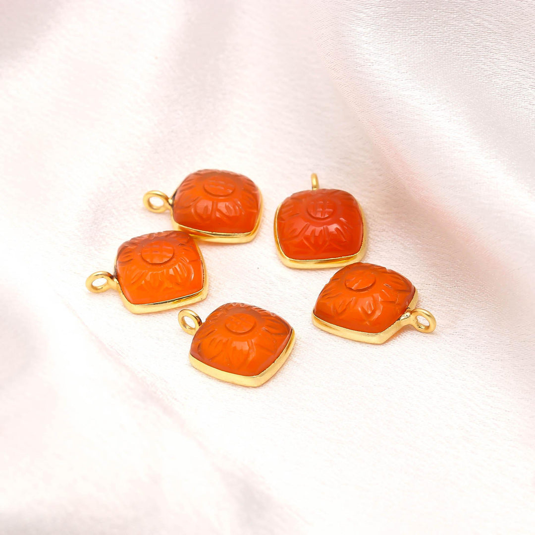 Natural Carnelian Flower Pendant 17mm, 925 Sterling Silver Gold Plated Orange Square Shape Charms For Making Jewelry