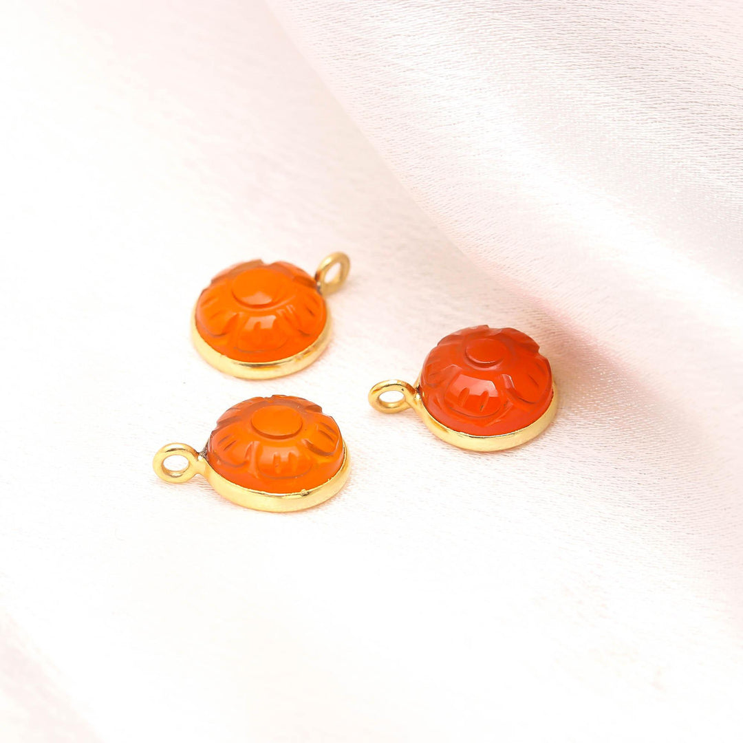 Natural Carnelian Flower Pendant 17mm, 925 Sterling silver Gold Plated Orange Round Shade Charms Pendant For Making Jewelry