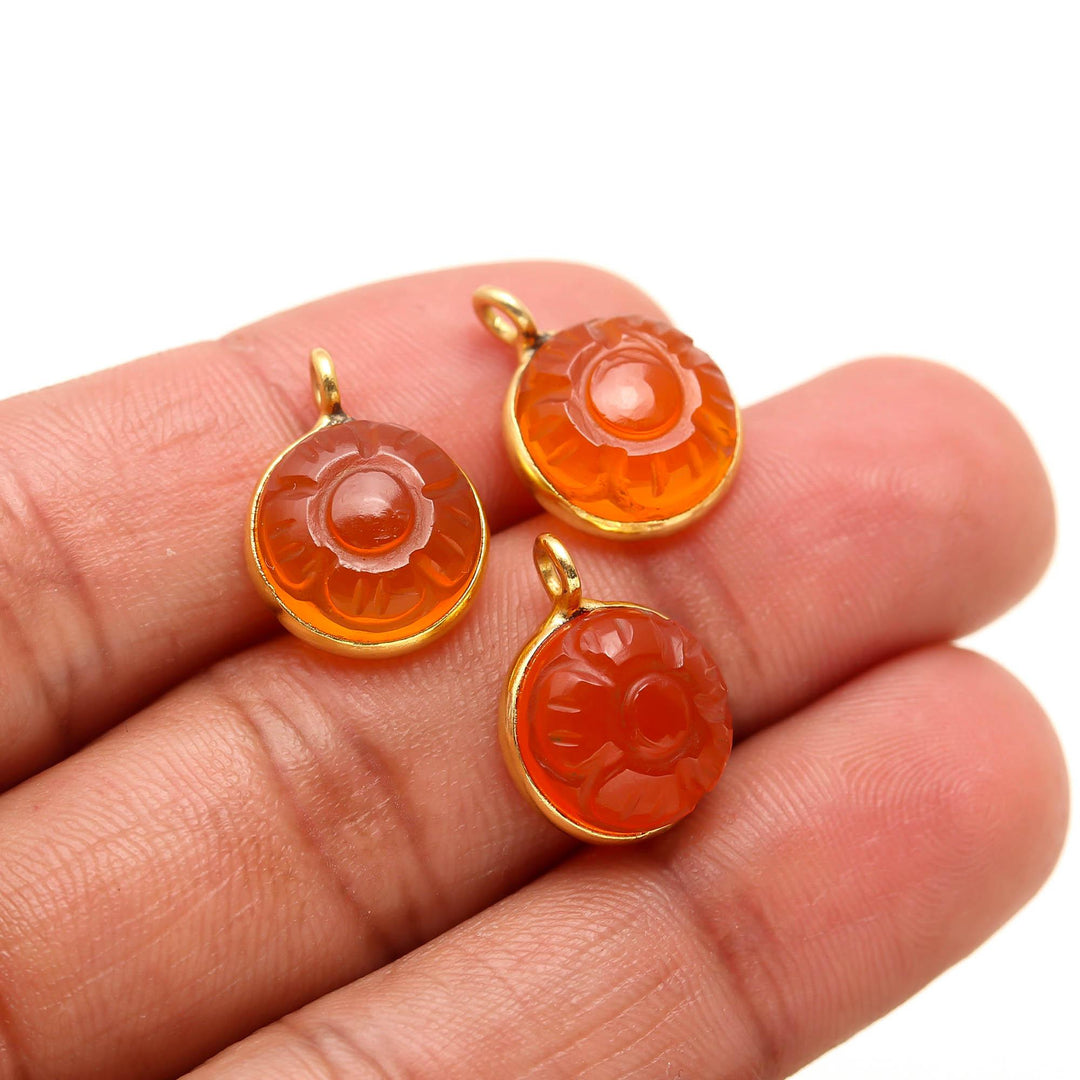Natural Carnelian Flower Pendant 17mm, 925 Sterling silver Gold Plated Orange Round Shade Charms Pendant For Making Jewelry