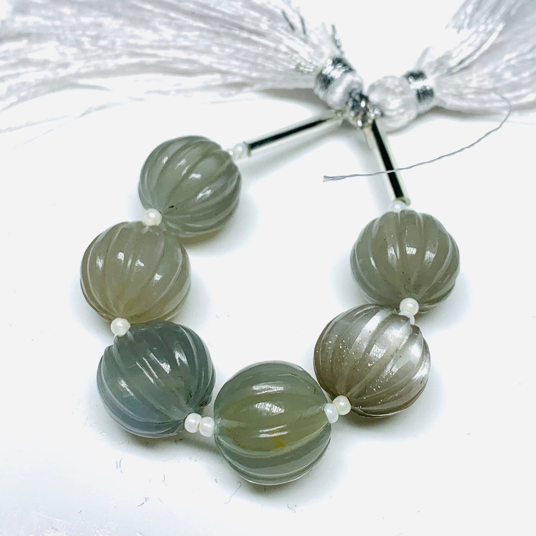 1,2,3,4,5 pcs 100% Natural Grey Moonstone Carved Melon Shape Beads Strand, Melon Shape Gemstone, Gemstone For Jewellery, 12 mm