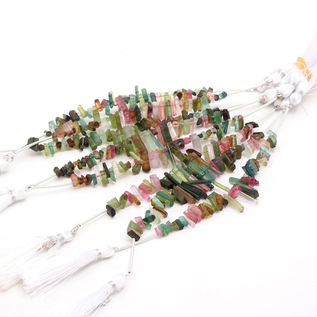 Natural Tourmaline Stick Shape Beads, Multi Tourmaline Rough Pencil Beads, Tourmaline Side Drill Jewelry Beads, 6-15 MM, 4" Strand