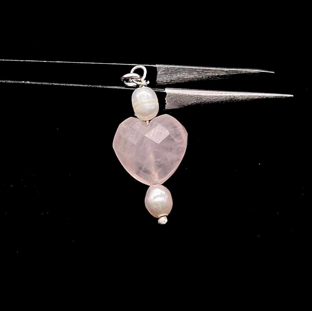 925 Silver Charms, Natural Rose Quartz and Pearl Handmade Charm for Jewelry, Rose Quartz Heart Silver Charms, Gemstone Beads, Craft Making