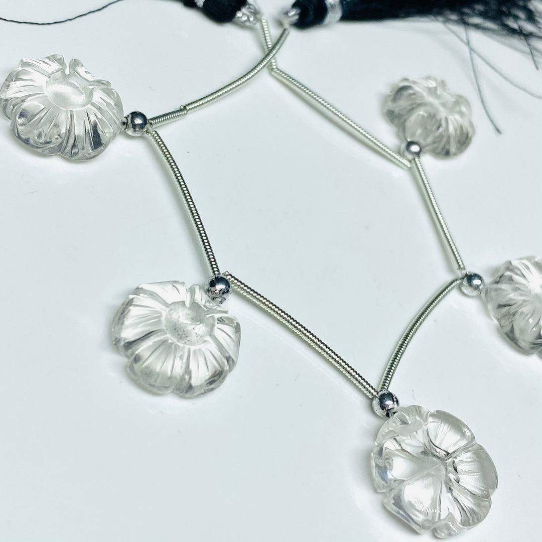 5 Pcs AAA Crystal Quartz Flower Beads: Carved Gemstone Strand, 14mm