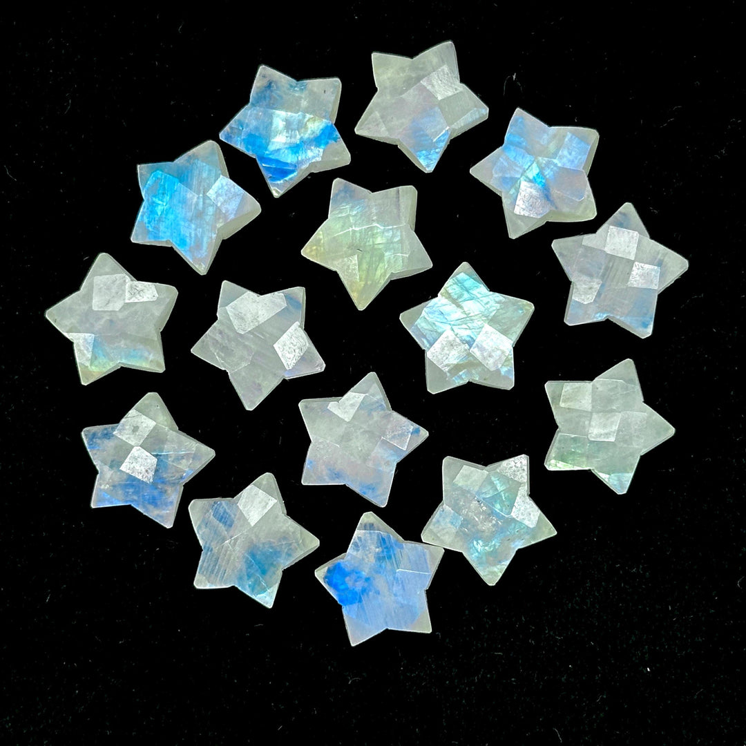 Rainbow Moonstone Star Beads: Faceted Celestial Gemstone Charms, 15mm