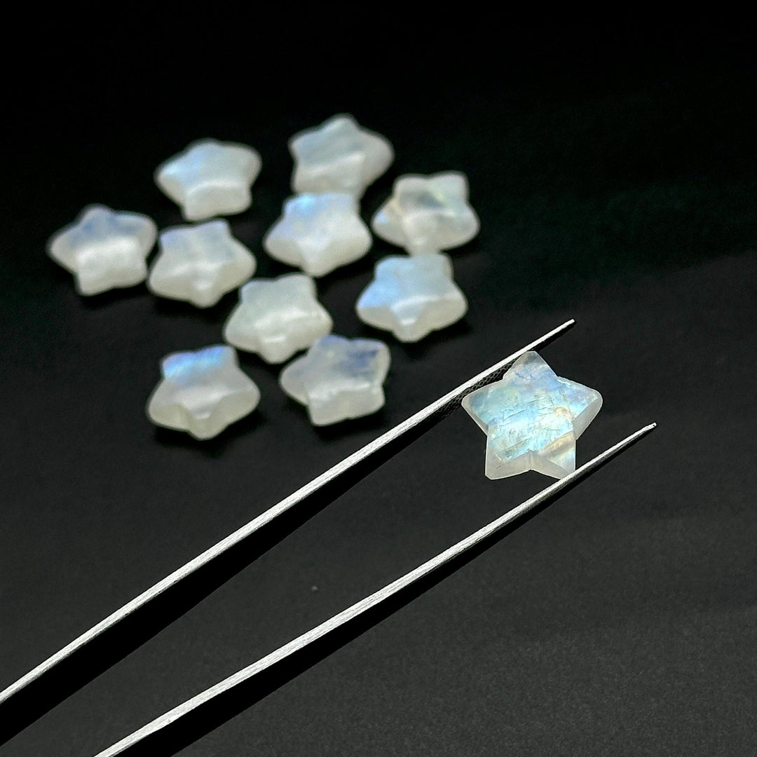 Smooth Rainbow Moonstone Star Beads, Flashy Moonstone Celestial Gemstone Charms, Jewelry Making Hand Carved Gemstones, 15mm