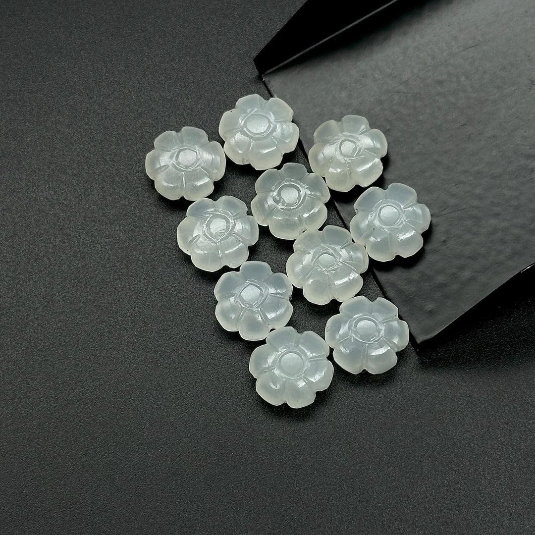 Hand Carved White Moonstone Flower Shape Beads, Genuine Moonstone Flower Shape Carving, Jewelry Making Loose Gemstone Charms, 12 MM