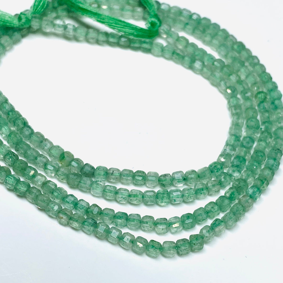 Green Strawberry Gemstone Beads: 3mm Faceted Box Shape, 6" Strand
