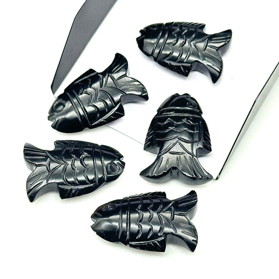 Natural Black Onyx Carved Fish Shape Gemstone, Hand Carved Fish Shape Gemstone, Jewelry Making Gemstones, 17X26 MM, Blue Fish Charm Pendant