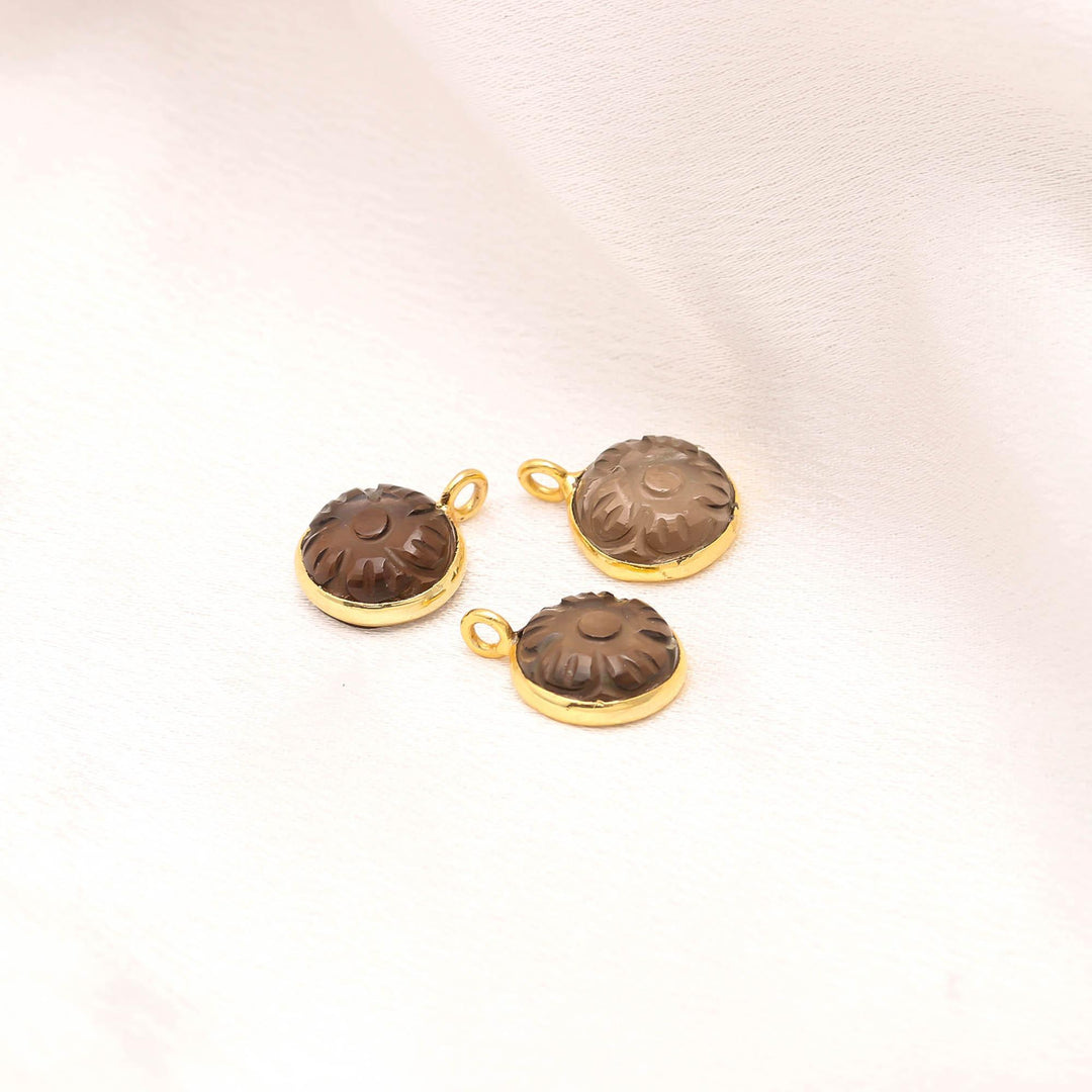 Smoky Quartz Flower Pendant 16mm, 925 Sterling Silver Gold Plated Natural Quartz Round Shape Charm Pendant For Jewelry