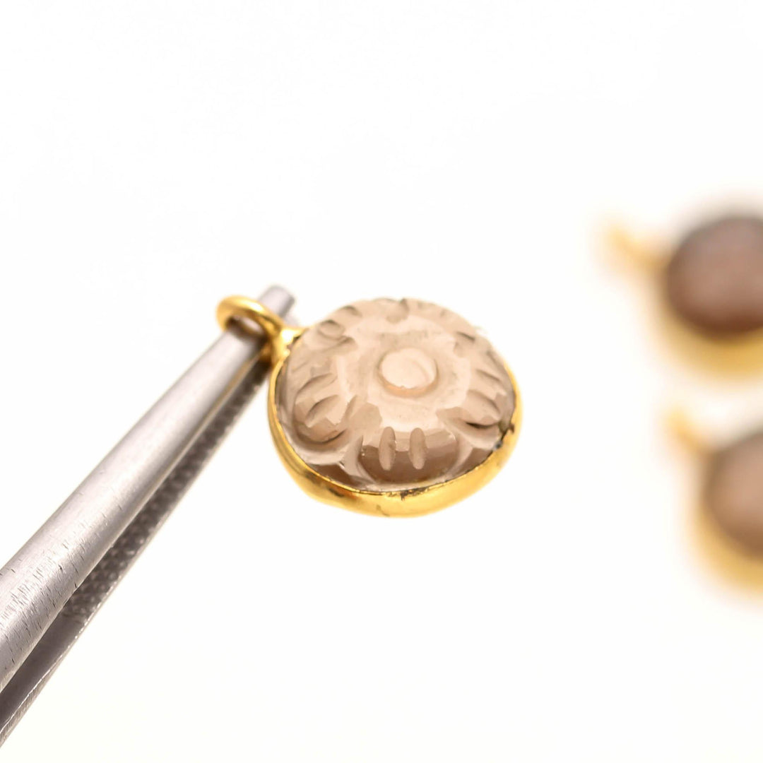 Smoky Quartz Flower Pendant 16mm, 925 Sterling Silver Gold Plated Natural Quartz Round Shape Charm Pendant For Jewelry