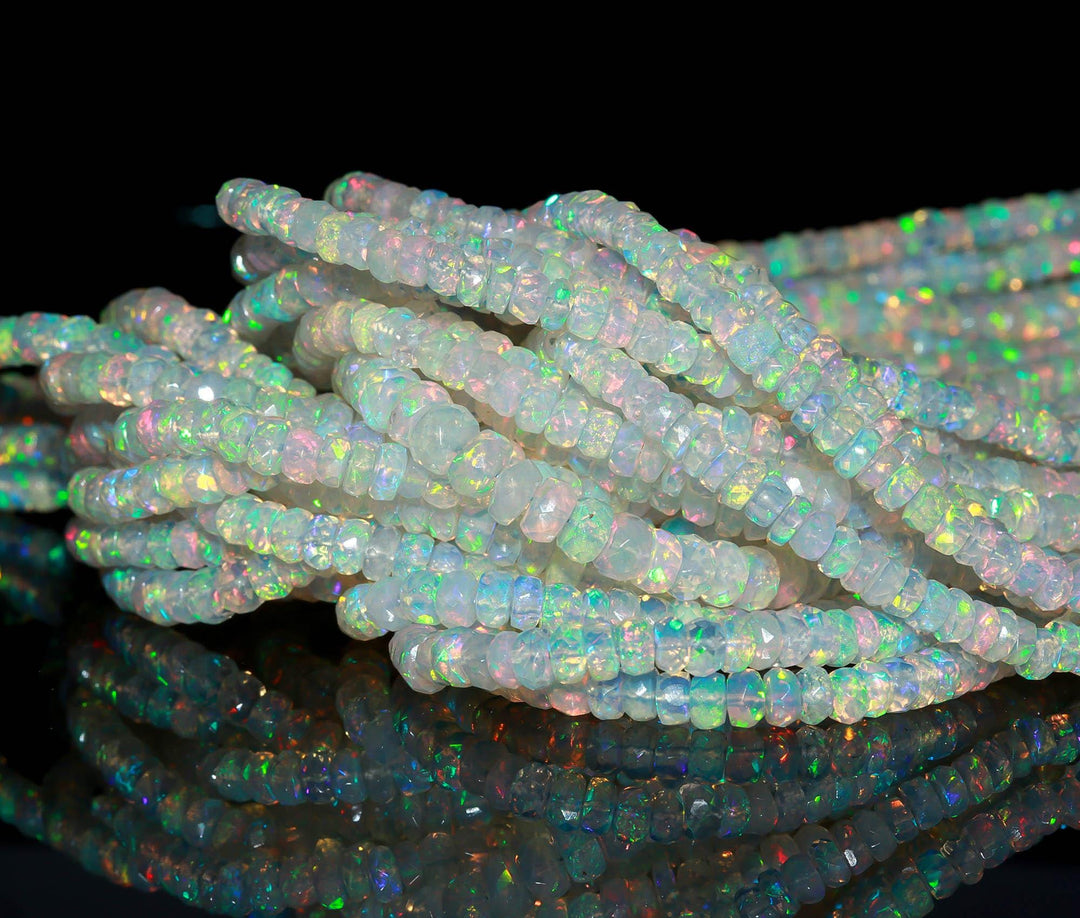 Natural Ethiopian Opal Rondelle Beads, AAA Flashy White Opal Faceted Jewelry Beads, Multi Fire Welo Opal Beads, Wholesale Beads, 4-5 MM