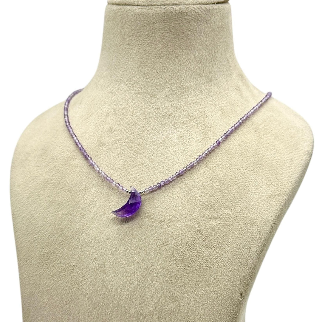Natural Amethyst Beaded Necklace, Hand Carved Moon Charm Necklace, Cresent Moon Healing Power Necklace, Gift for Her, February Birthstone