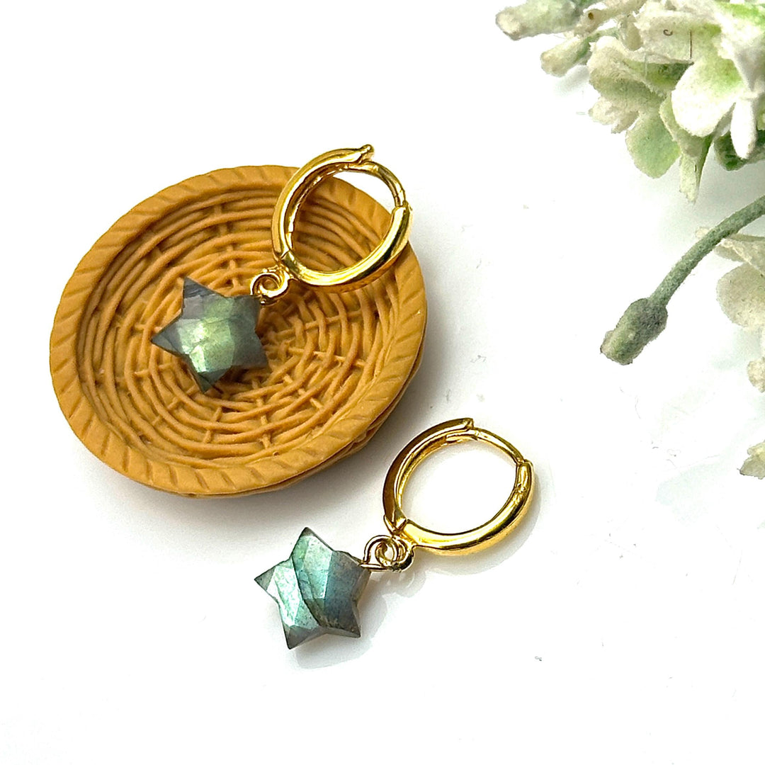 Pretty Labradorite Star Earrings, Gift For Girls, 10 MM Faceted Star Loop Earrings, Gift For Her, Star Shape Gemstone Jewelry For Gift