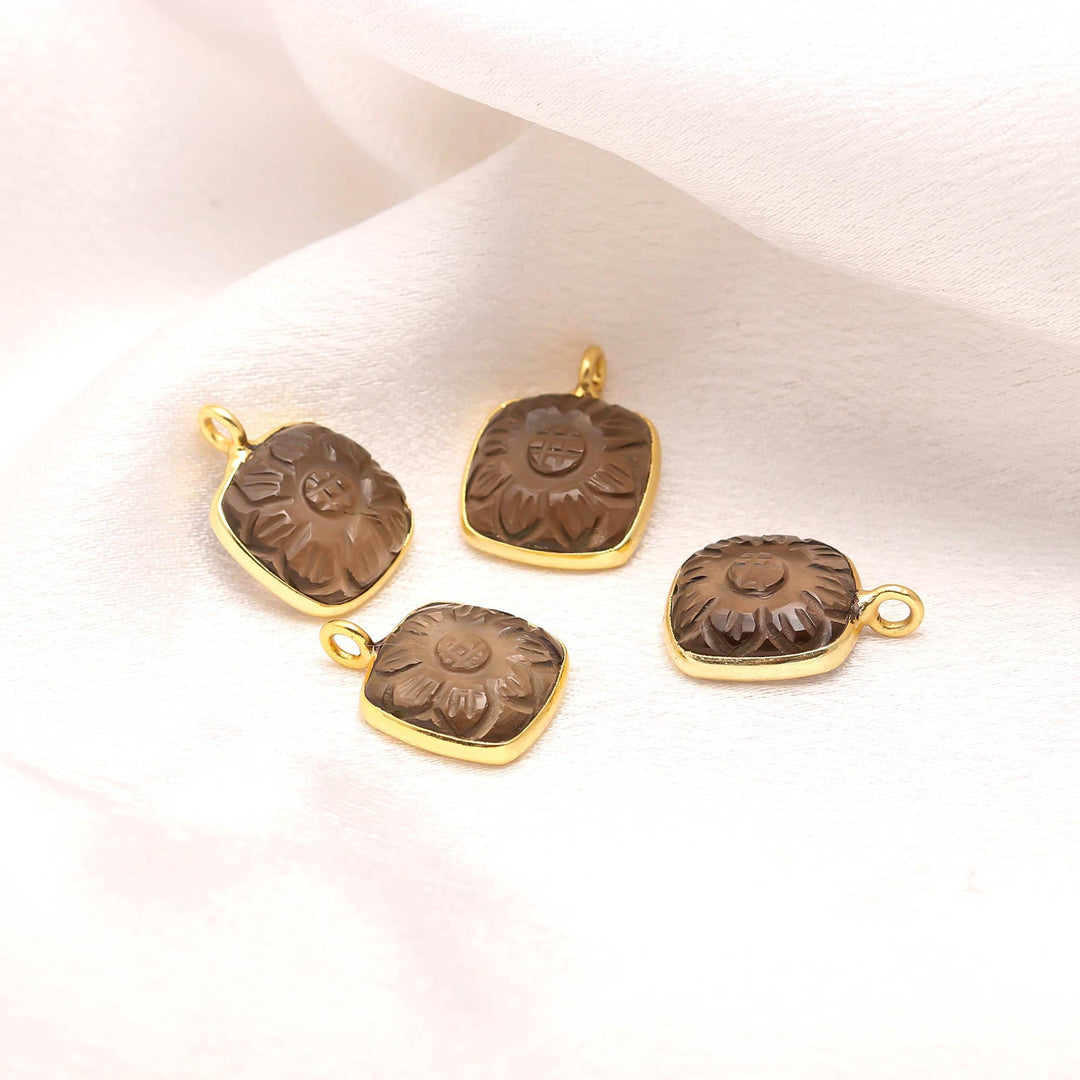 Natural Smoky Quartz Flower Pendant 17mm, 925 Sterling Silver Gold Plated Square Shape Charms For Making Jewelry