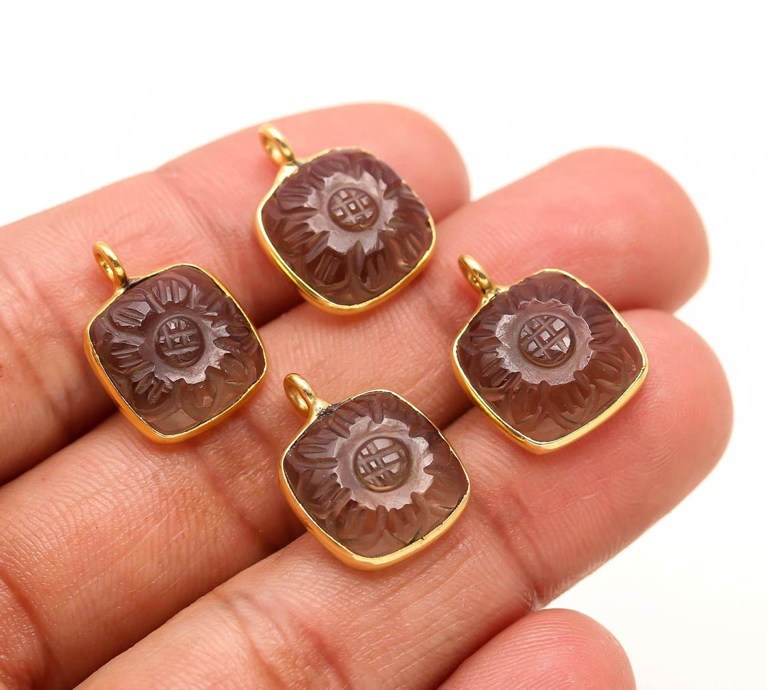 Natural Smoky Quartz Flower Pendant 17mm, 925 Sterling Silver Gold Plated Square Shape Charms For Making Jewelry