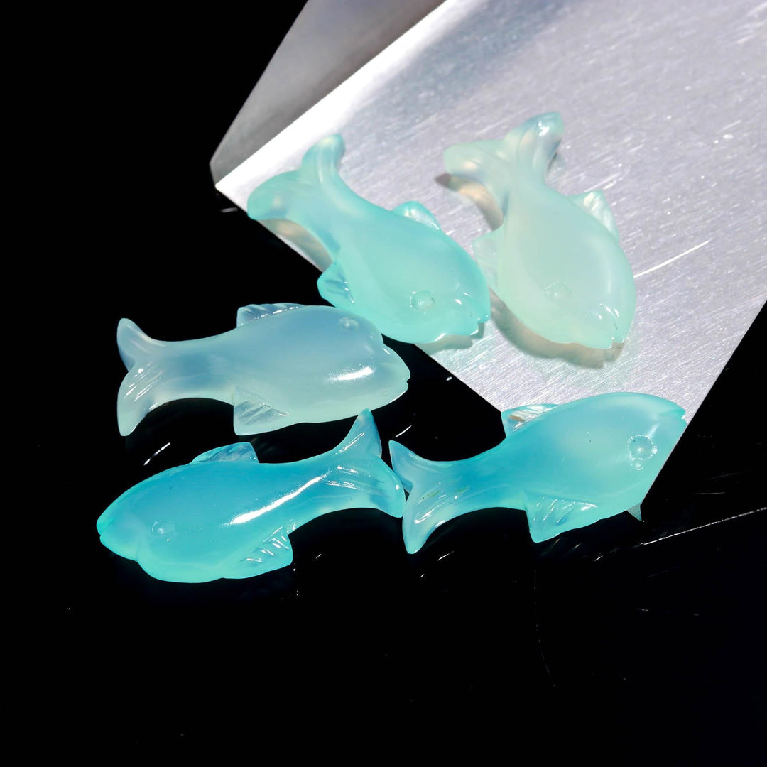 Blue Chalcedony Hand Carved Dolphin Shape Stone, Chaldedony Fish Shape Beads, Jewelry Making Fish Charms, 28 MM