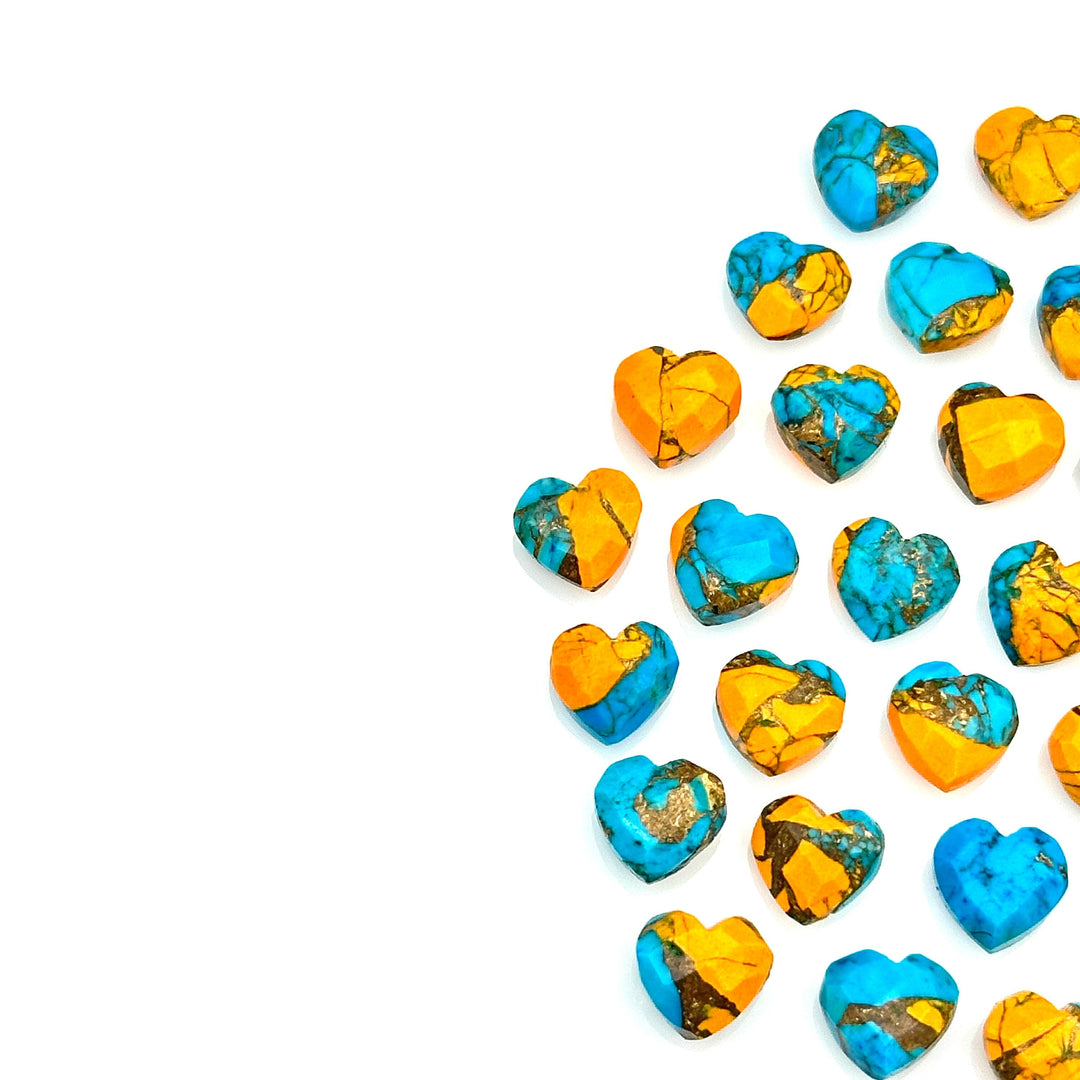 Beautiful Oyster Copper Turquoise Heart Shape Beads, Faceted Orange Turquoise Hearts, Carved Gemstones, 8 MM Jewelry Making Heart Charms