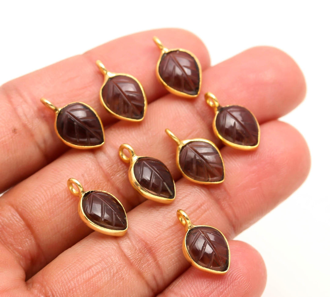 Natural smoky Quartz Leaf Shape Pendant 15mm, 925 Sterling Silver Gold Plated Charms For Making Jewelry
