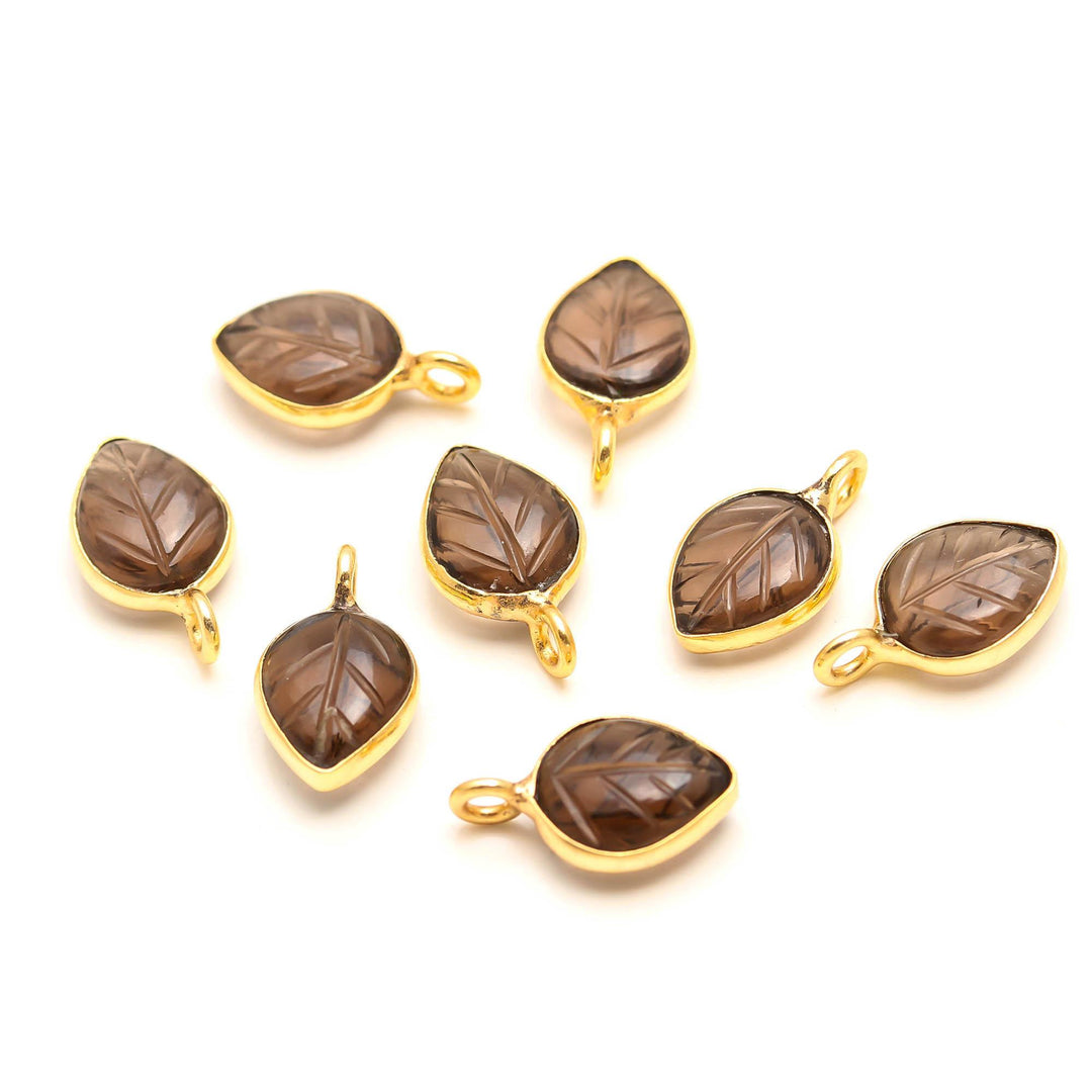 Natural smoky Quartz Leaf Shape Pendant 15mm, 925 Sterling Silver Gold Plated Charms For Making Jewelry
