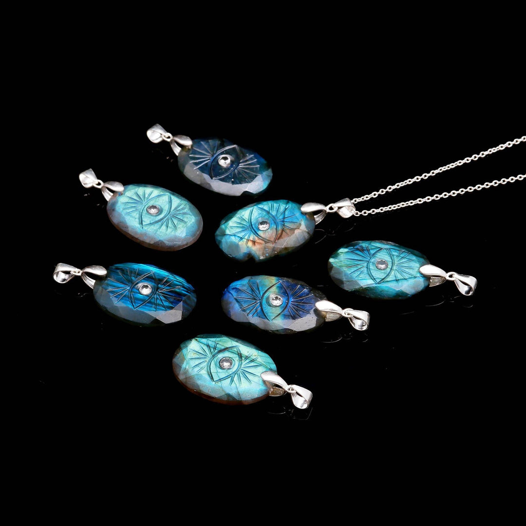 Flashy Labradorite Evil Eye Necklace, Natural Labradorite Hand Carved Evil Eye Pendant, 925 Sterling Silver Jewelry, Good Luck Charms