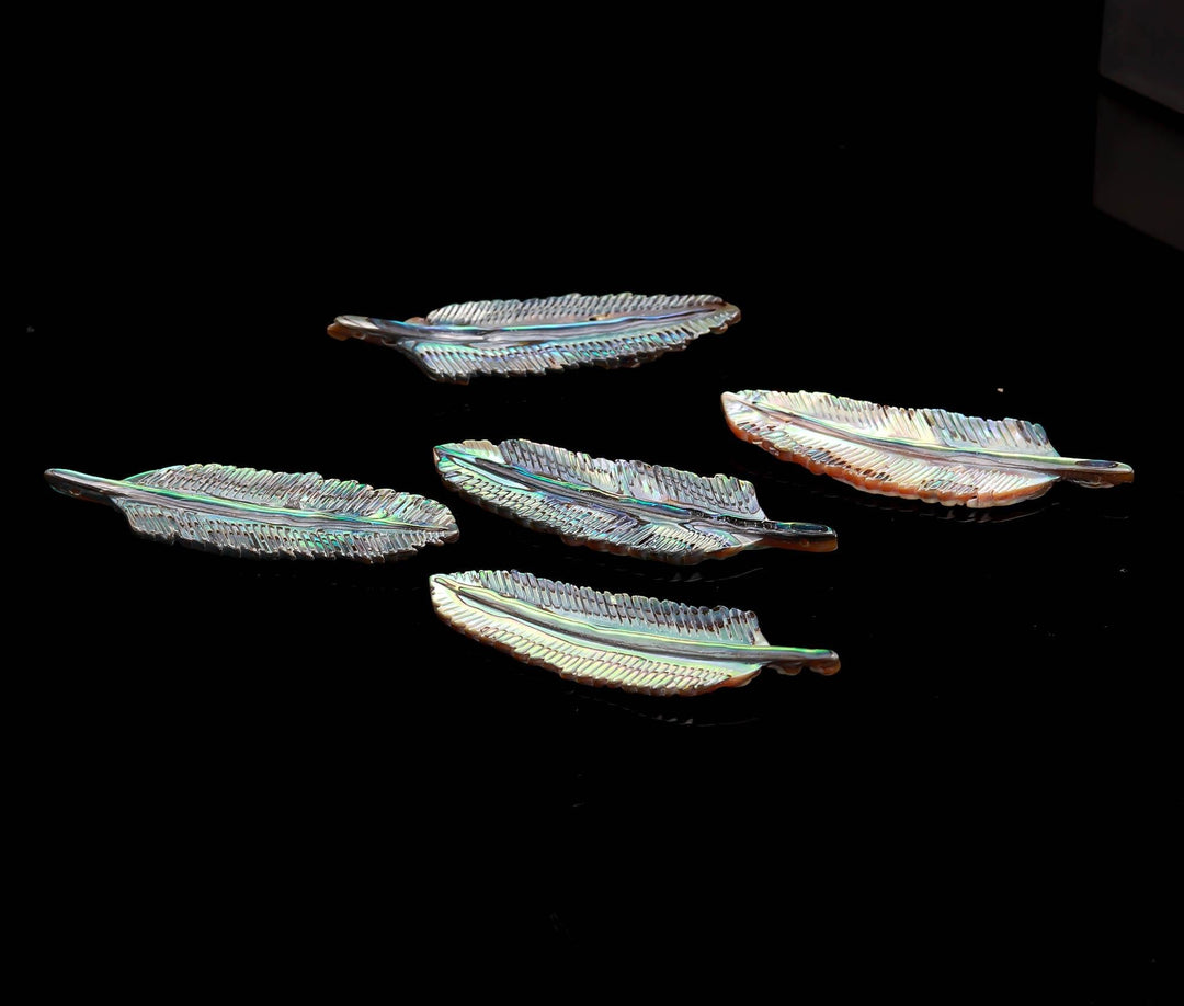 1 Pc Hand Carved Mother of Pearl Feather Gemstone, Side Drilled, 42mm