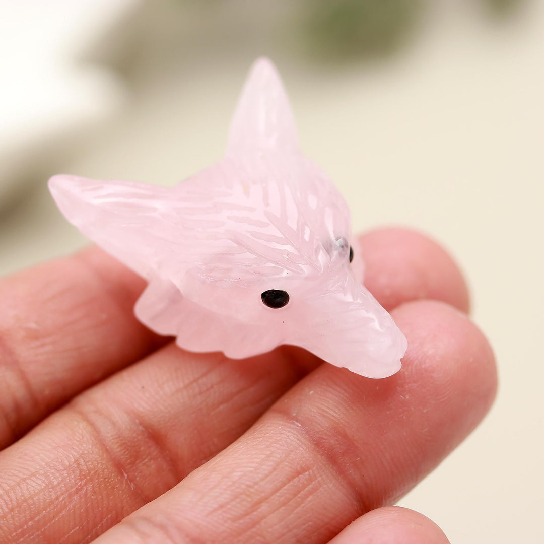 Rose Quartz Fox Head Carving, Pink Quartz Crystal, Home Decor, Reiki Heal Gemstones, Jewelry Making Pendant Beads, Side Drill