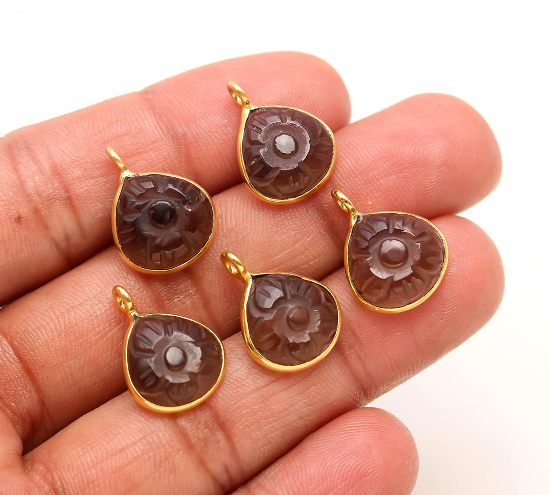 Natural Smoky Quartz Flower Pendant 12mm, 925 Sterling Silver Gold Plated Heart Shape charms