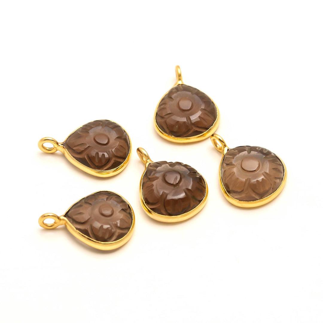 Natural Smoky Quartz Flower Pendant 12mm, 925 Sterling Silver Gold Plated Heart Shape charms